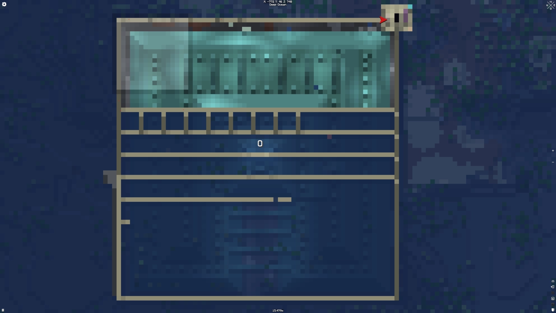 Overhead world map shot of the Ocean monument with approximately 30% of it drained. There is a perimeter of sand around it as well as some evenly spaced walls running across the screen to section off slices to be drained.