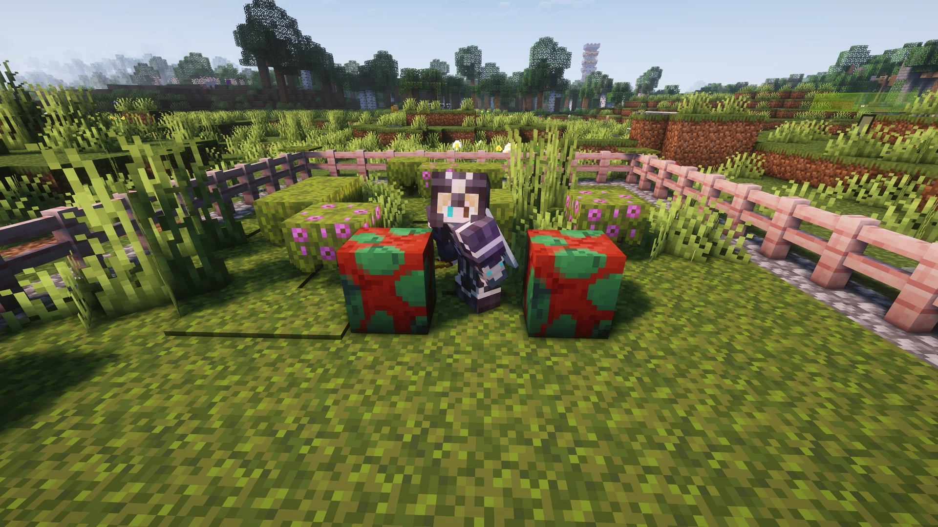 A fenced off patch of moss with me standing in the middle and one Sniffer egg on each side