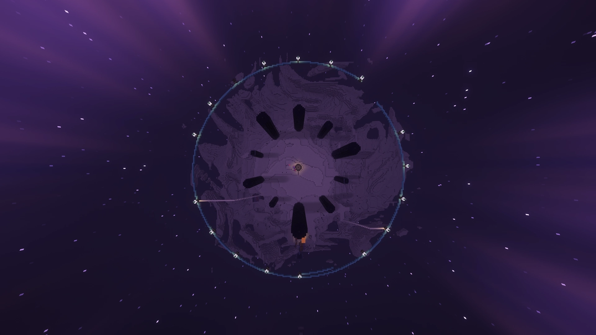 Top down shot of the main End island, showing a Prismarine ring going through all the end gateways which are illuminated by Prismarine Lights