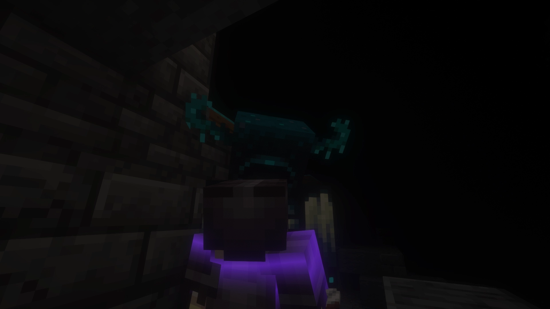 A very close over the shoulder shot of me mere inches from a Warden which is staring right into my soul