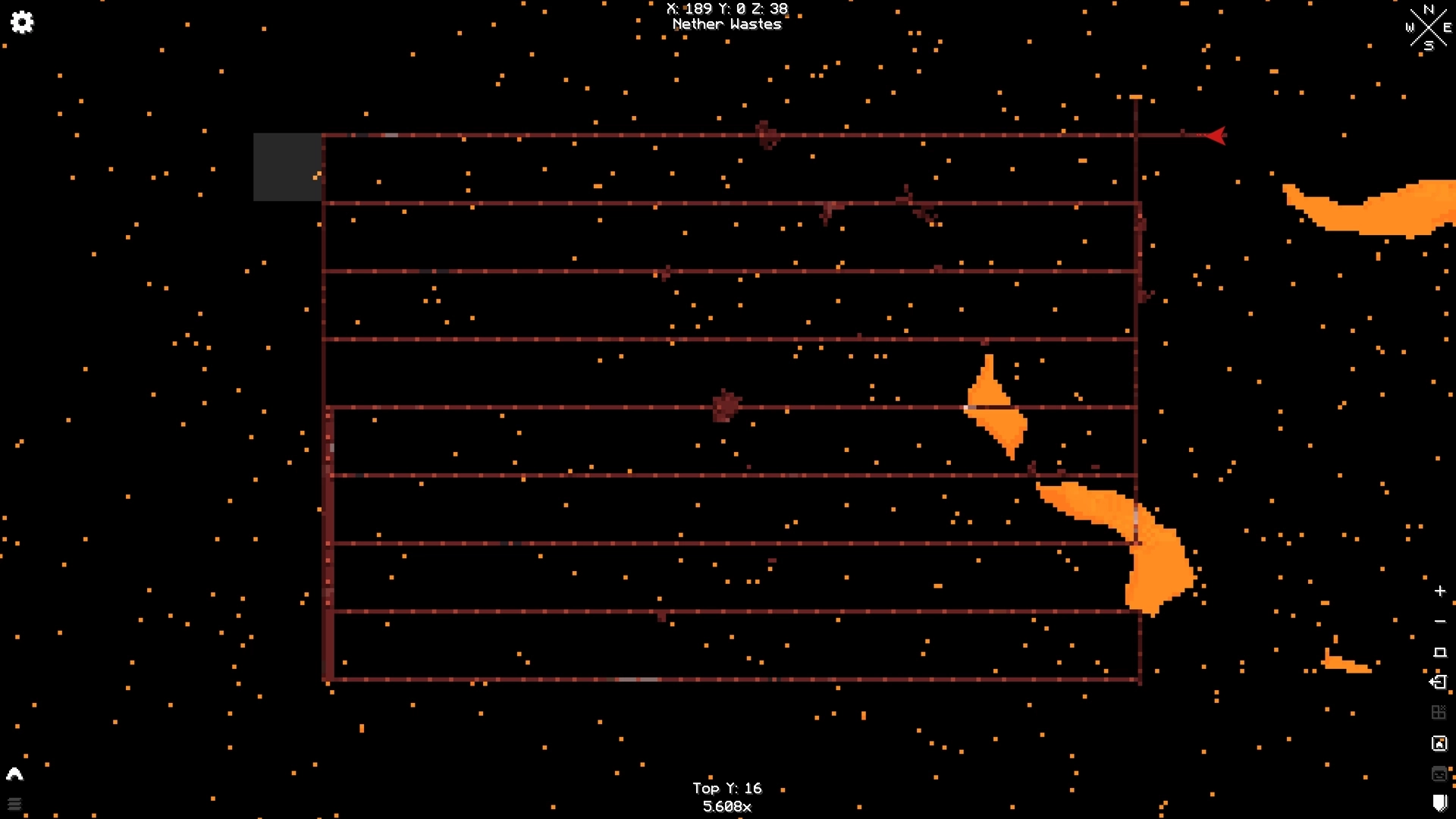 A map of the Nether at elevation Y=0, showing parallel one block wide tunnels going across chunk borders and filled with unevenly spaced blocks of TNT