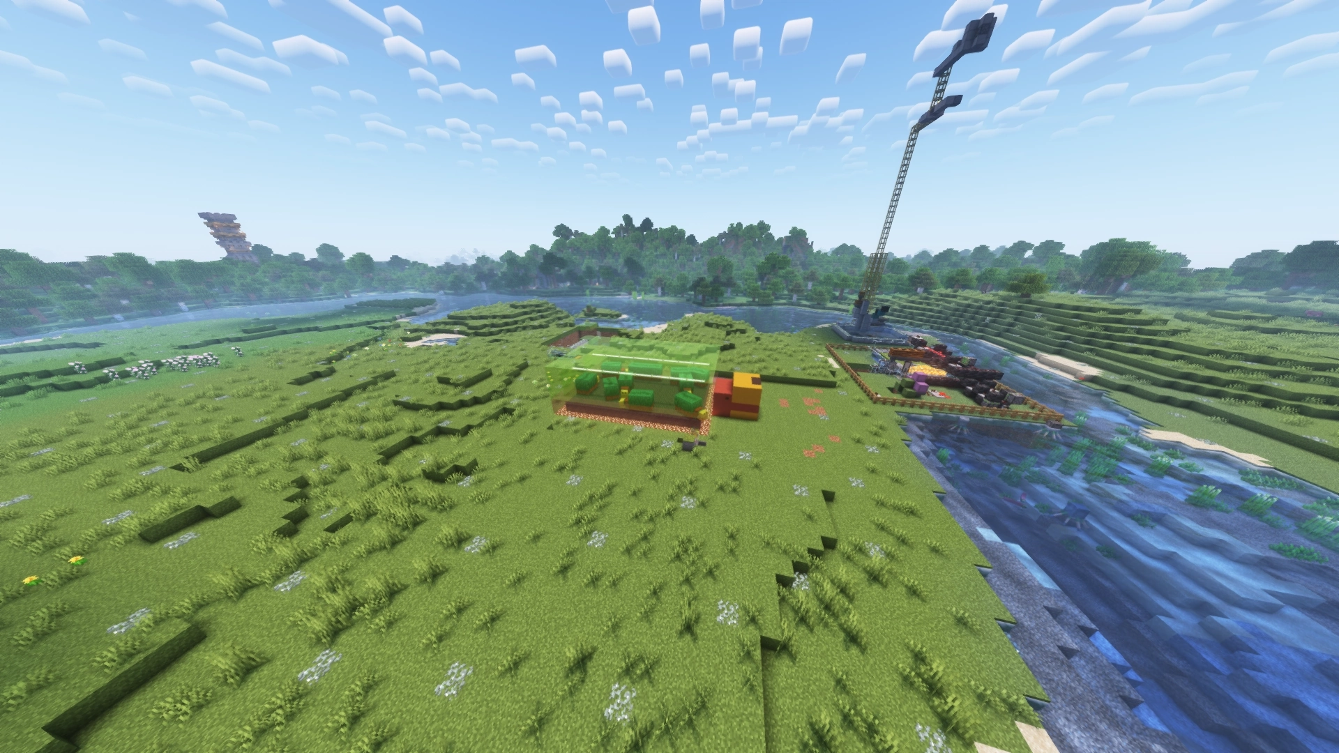 Elevated shot of a large Sniffer build, the back of it is built with colored glass and you can see some 10 Sniffers inside on a floor of mud blocks