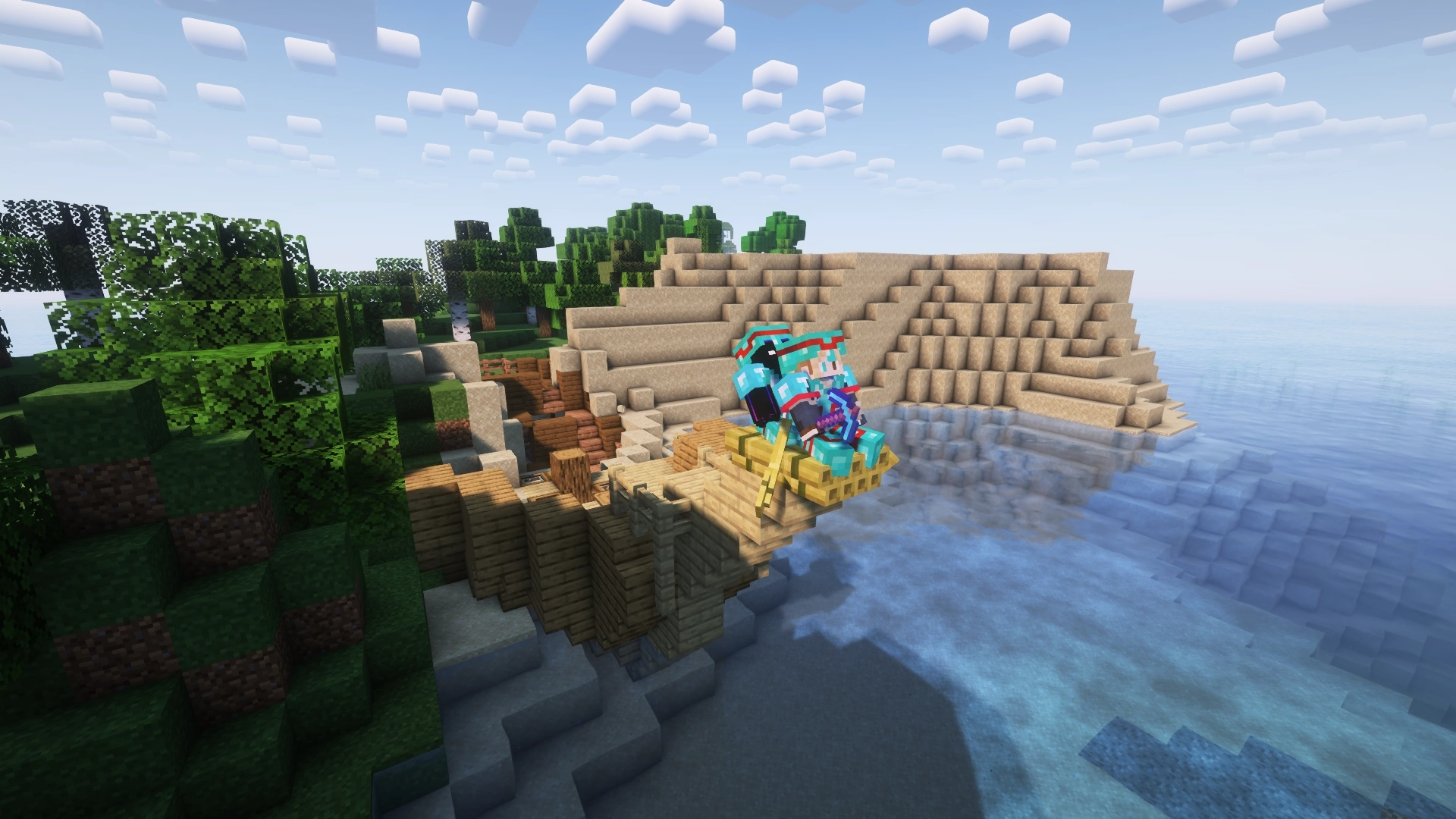 Two players in a bamboo raft that is positioned on the bow of a shipwreck which is poking out of water