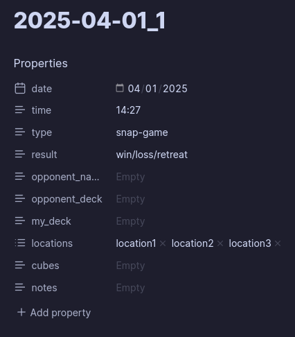 Obsidian's GUI for the frontmatter given above, of note is the date picker and the 'chips' pattern for entering list values for the locations field