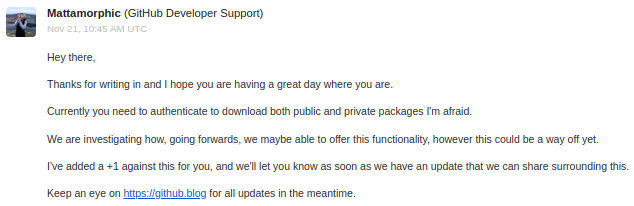 GitHub support reply about authentication requirement for packages